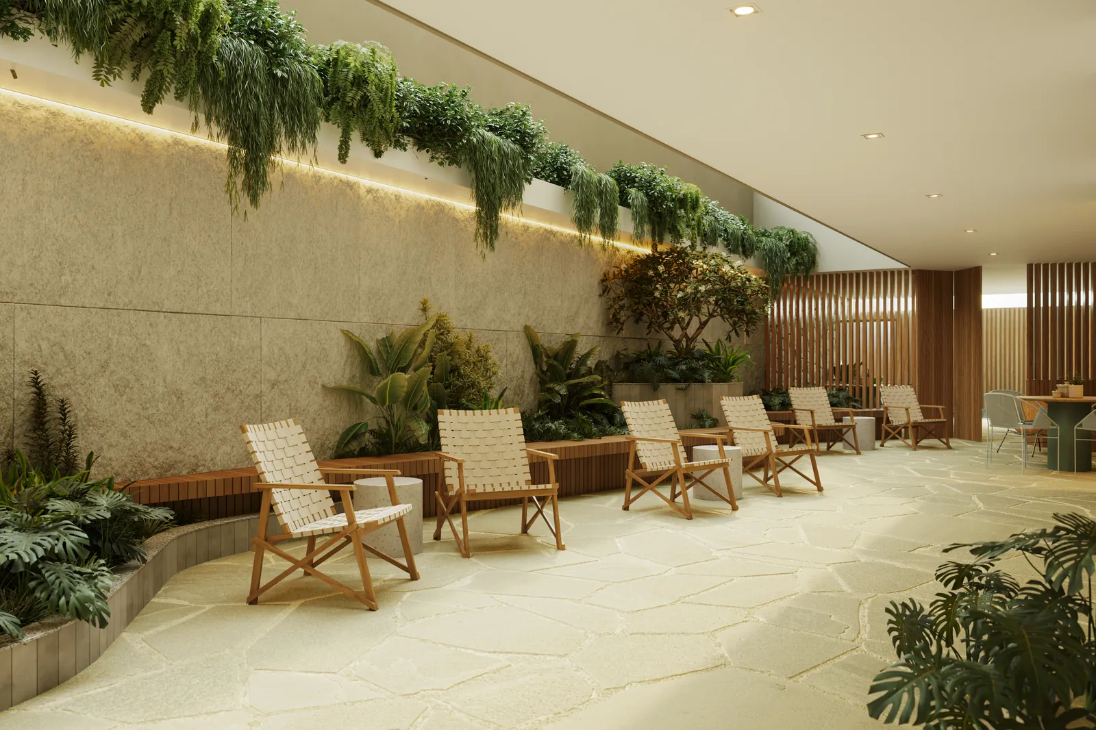 Praça de estar com poltronas de madeira, plantas pendentes e luz indireta