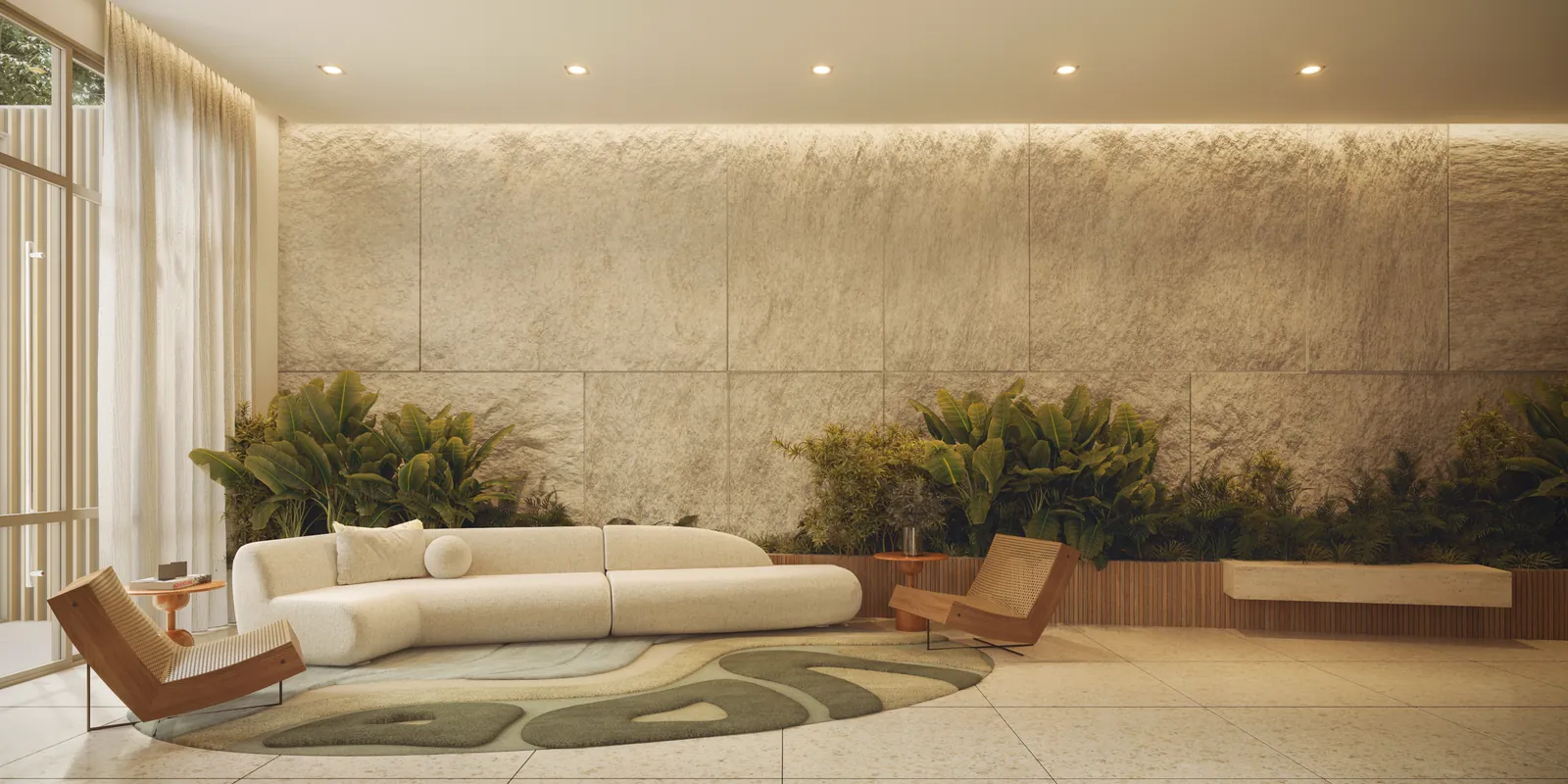 Lobby com sofá curvo e parede de pedra com plantas