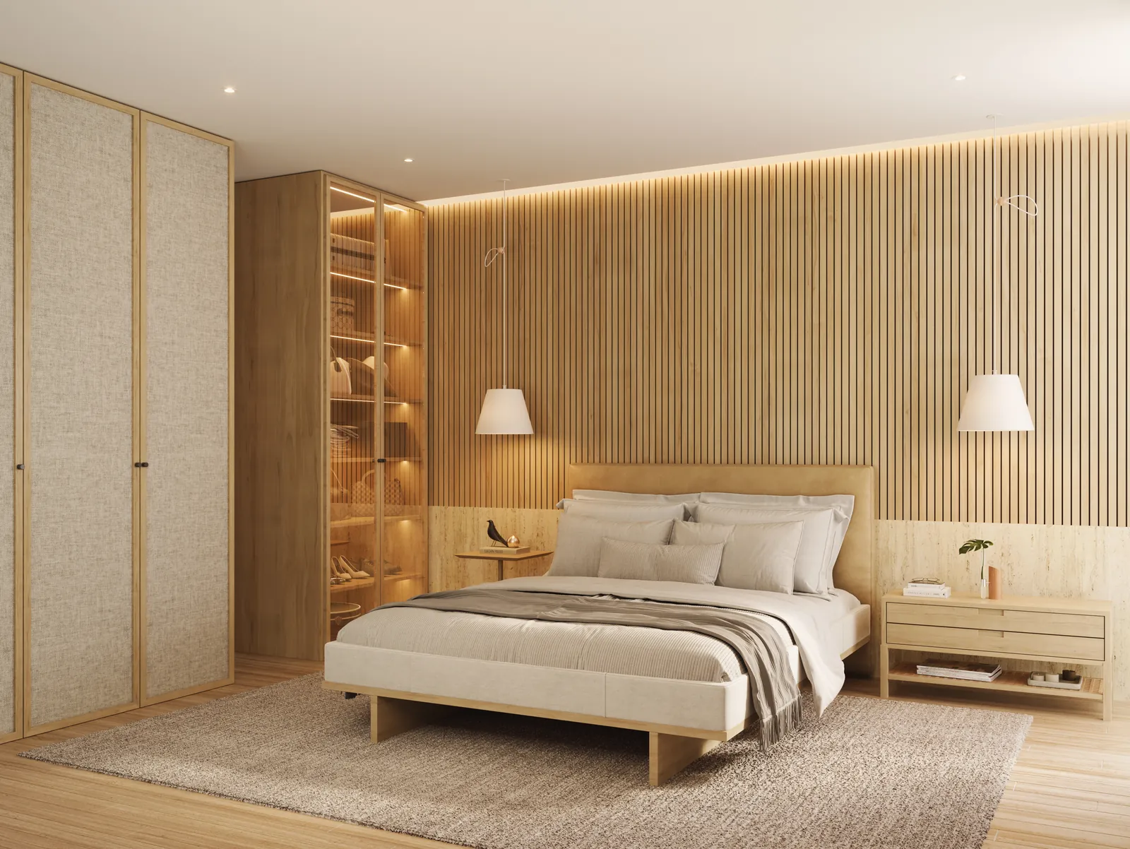 Suíte master com cama de madeira, painéis ripados e luz suave