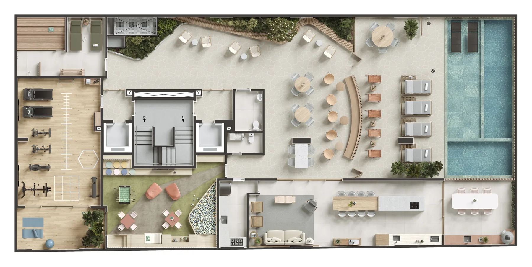 Planta humanizada: Pavimento de lazer: piscina, sauna, fitness e espaço kids