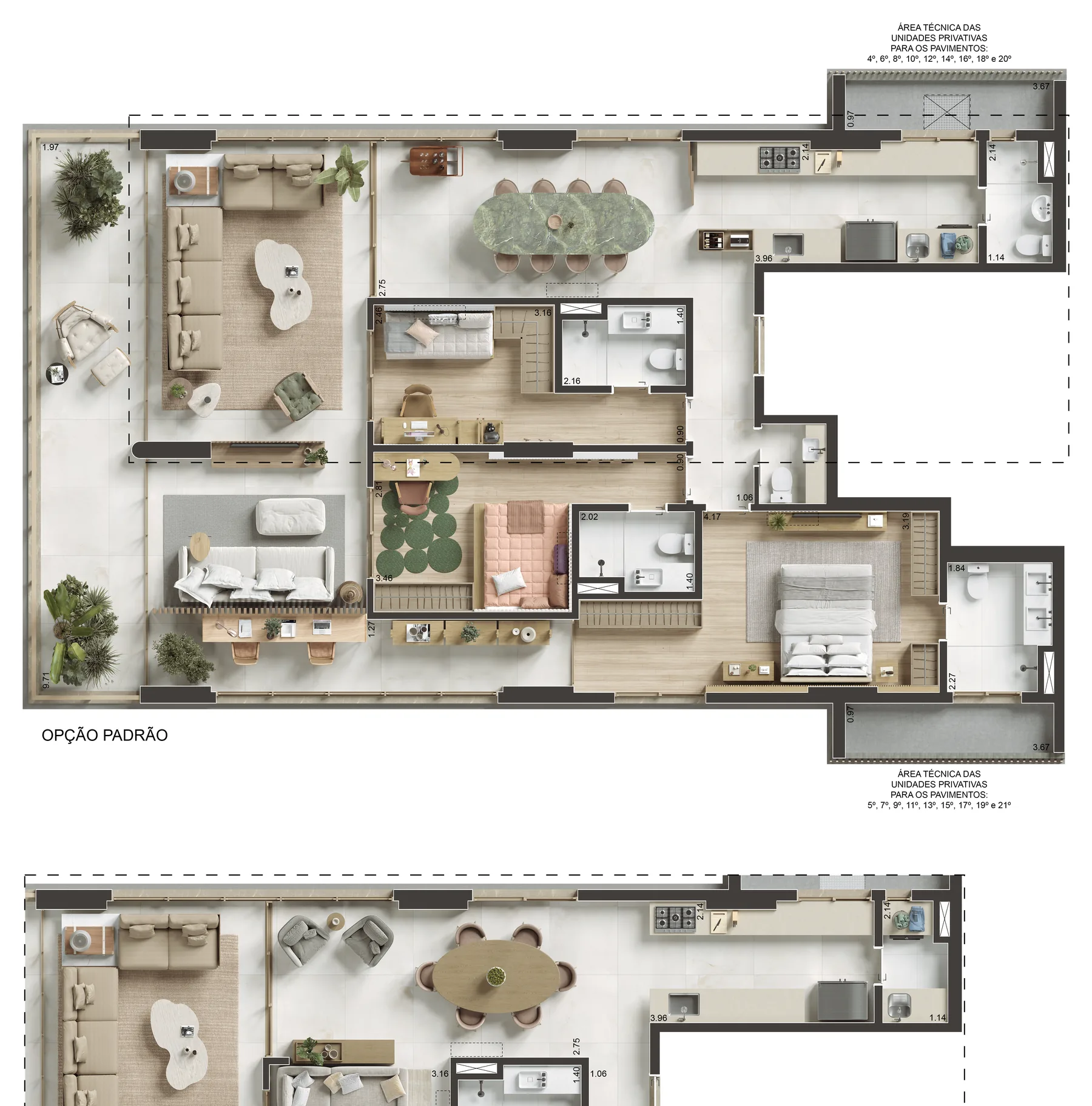 Planta humanizada: Apartamento tipo, opção padrão