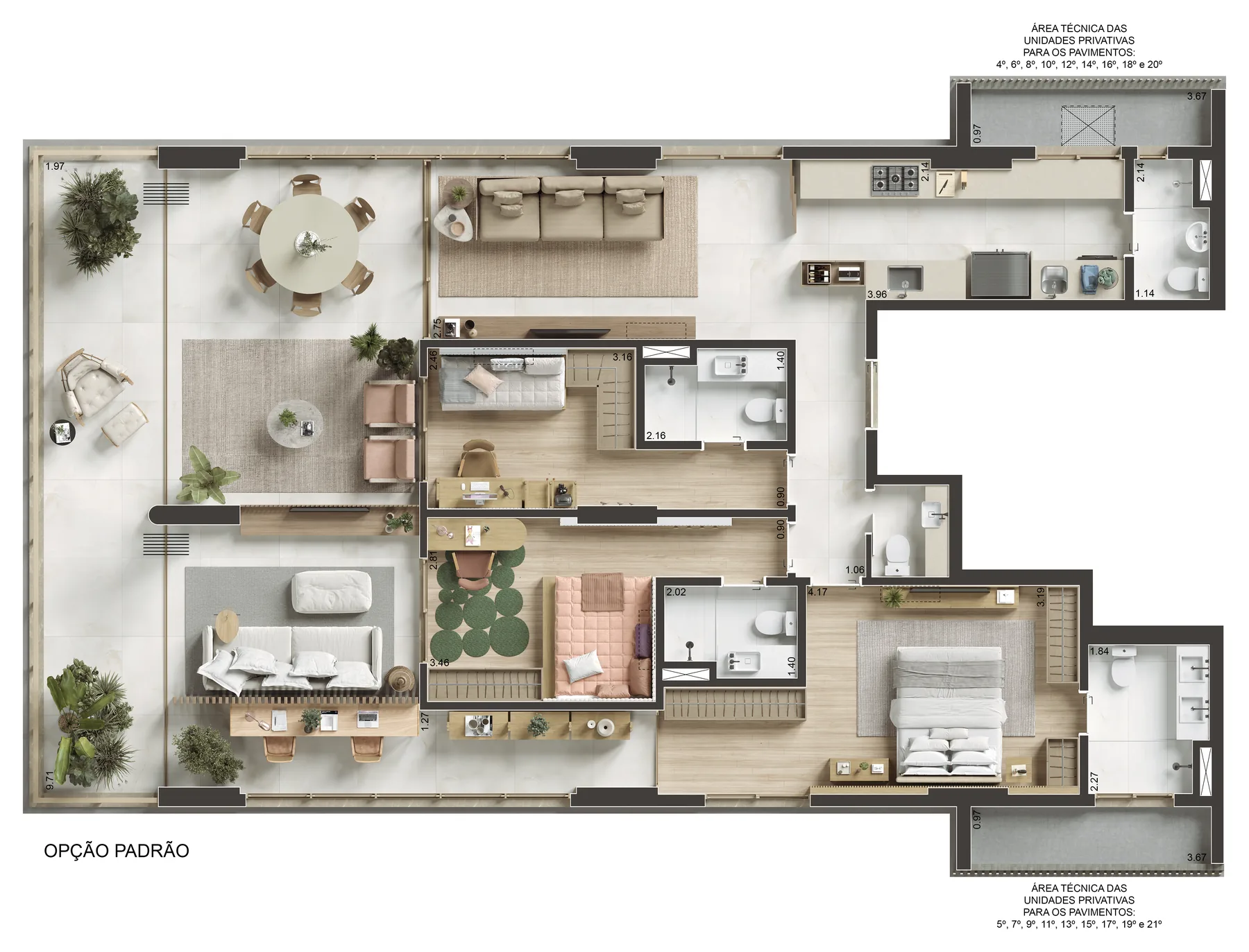 Planta humanizada do apartamento tipo de 3 suítes do 786 Prudente