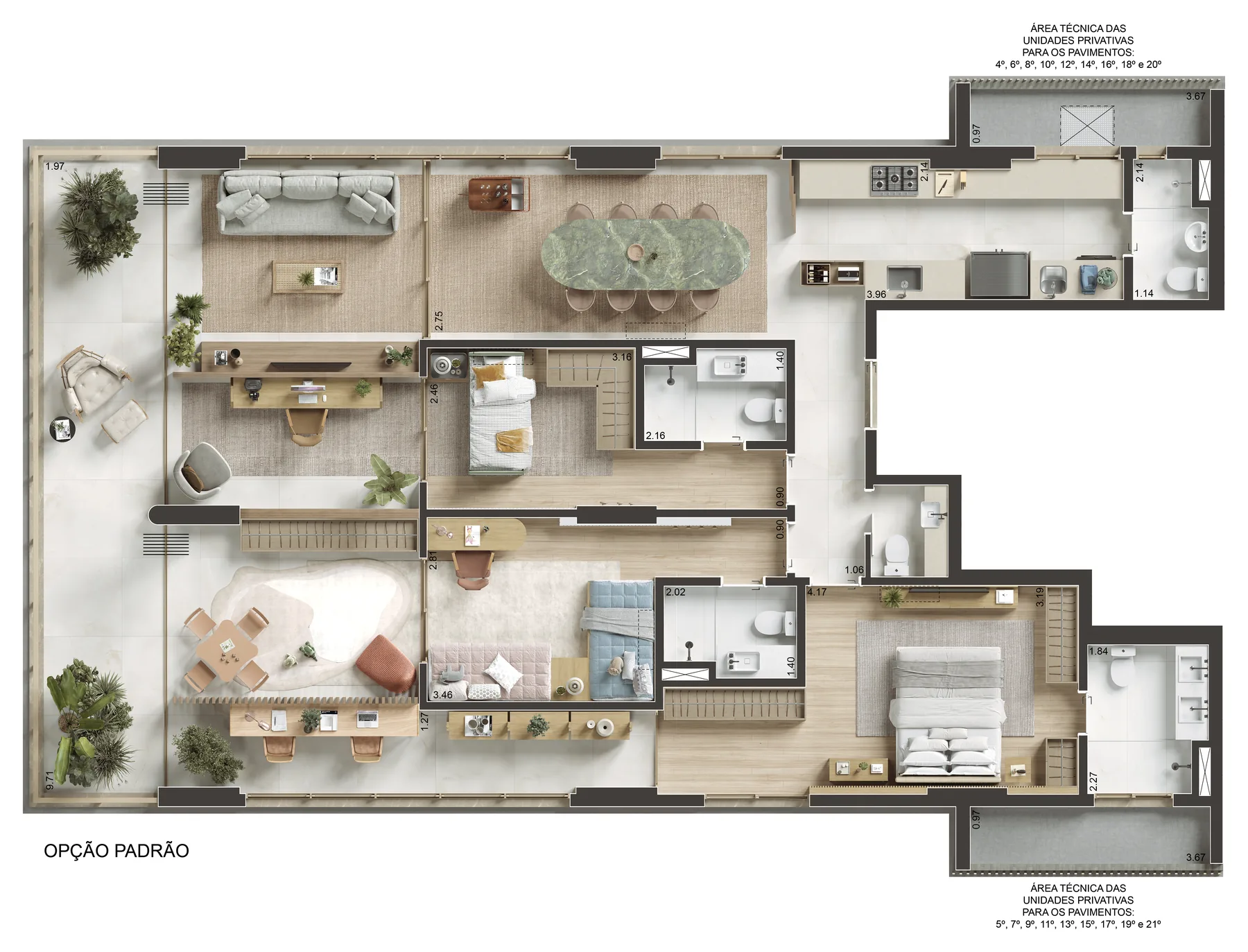 Planta humanizada: Apartamento tipo, outra opção de layout
