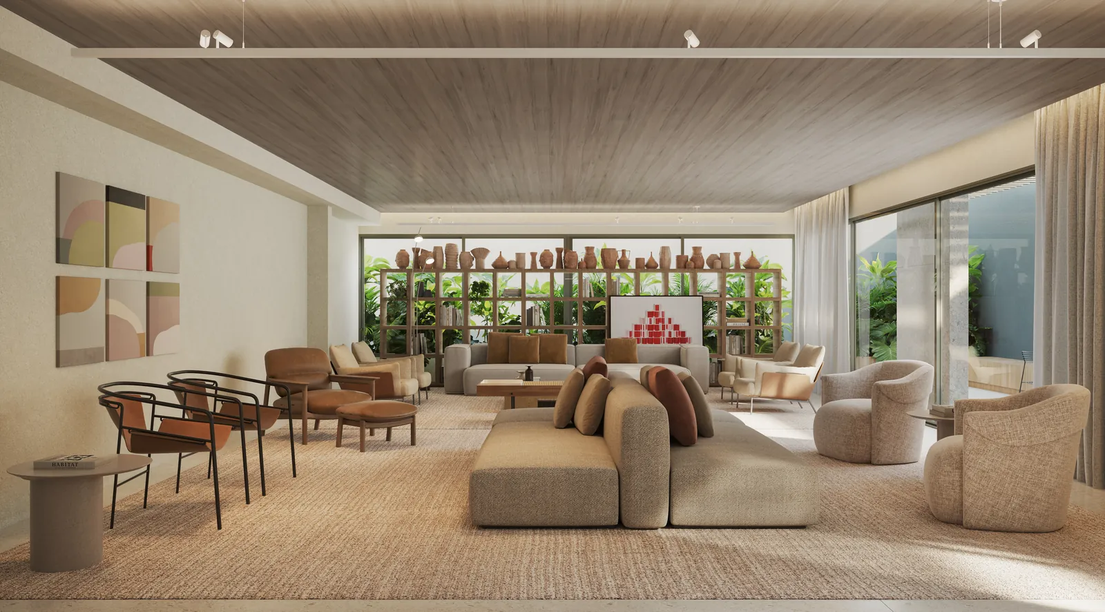 Espaço gourmet com sofás, mesas e um jardim ao fundo