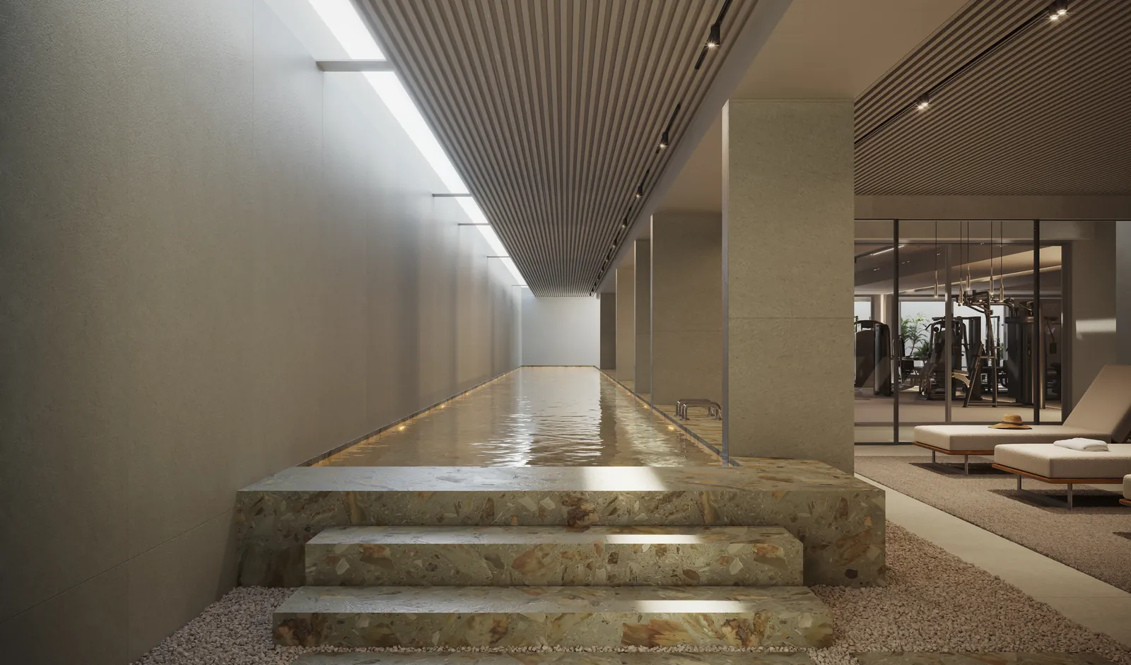 Piscina coberta e aquecida, comprida, com iluminação indireta