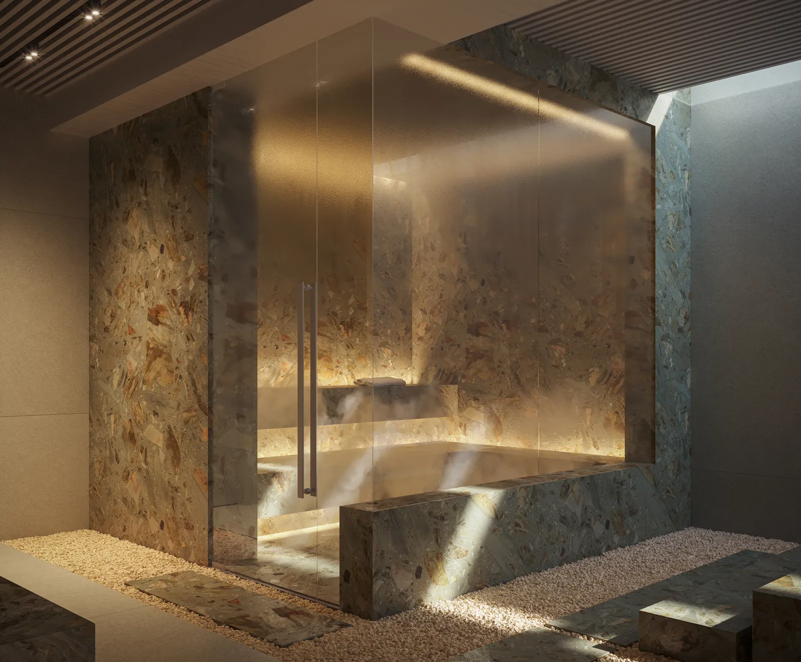 Sauna a vapor revestida de pedra, com luz suave