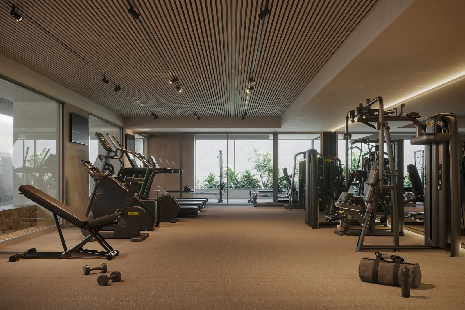 Academia com aparelhos de musculação e esteiras, forro de madeira