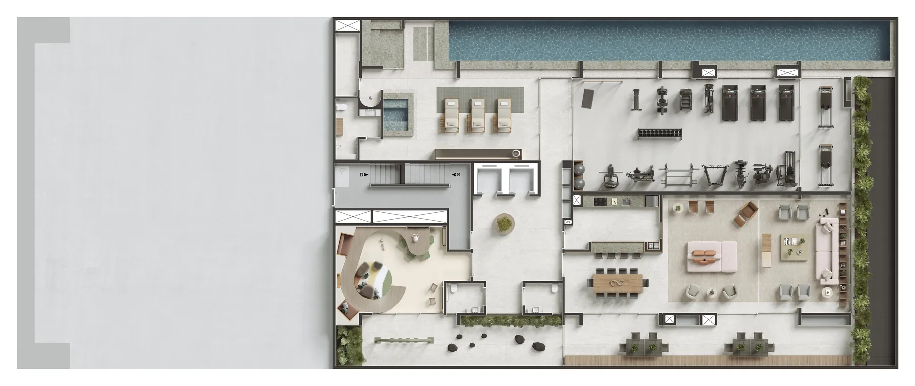 Planta humanizada: 1º pavimento: piscina, spa, fitness, gourmet e espaço kids