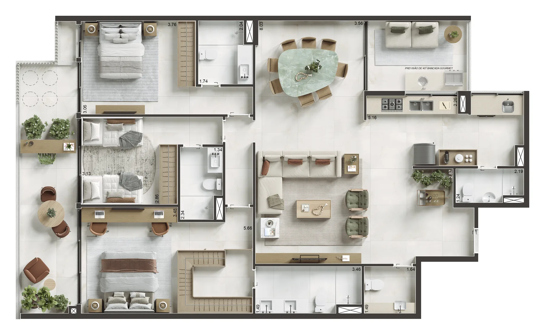 Planta humanizada: apartamentos de 3 suítes do Ipanema Almar