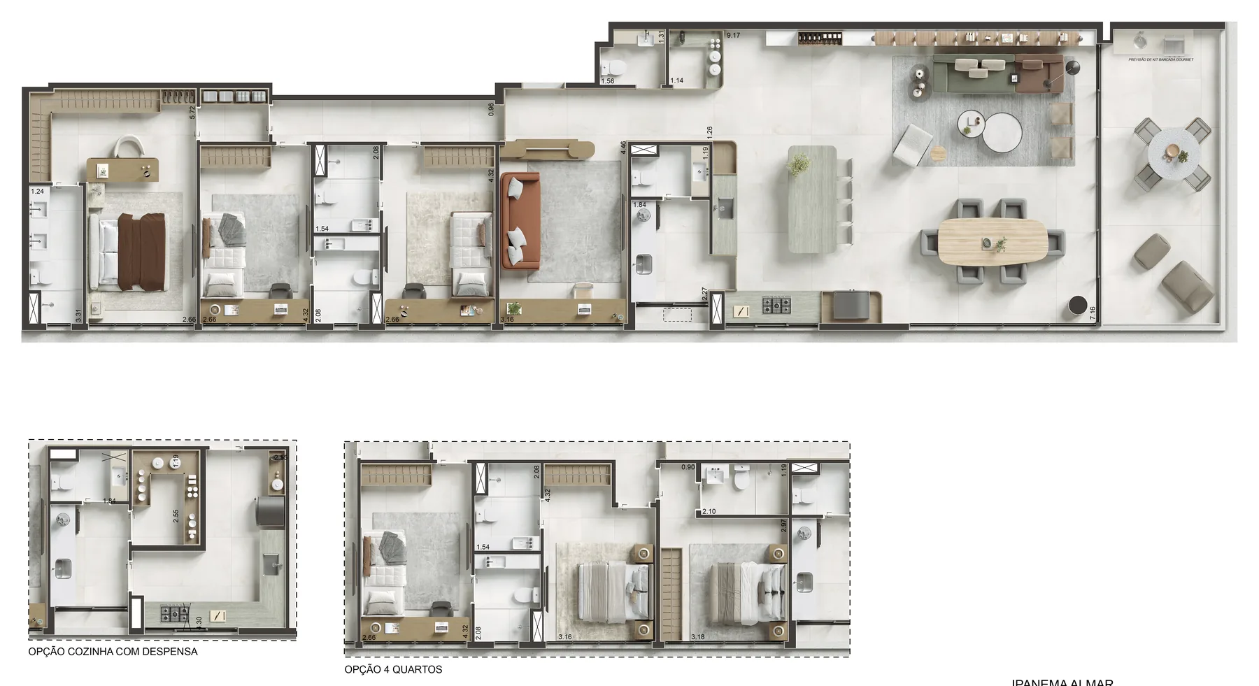 Planta humanizada: apartamentos de 4 suítes do Ipanema Almar