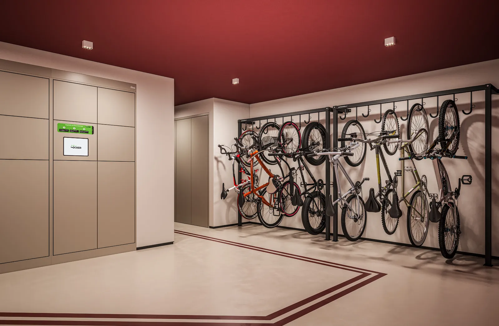 Bicicletário com bicicletas penduradas na parede e piso vermelho