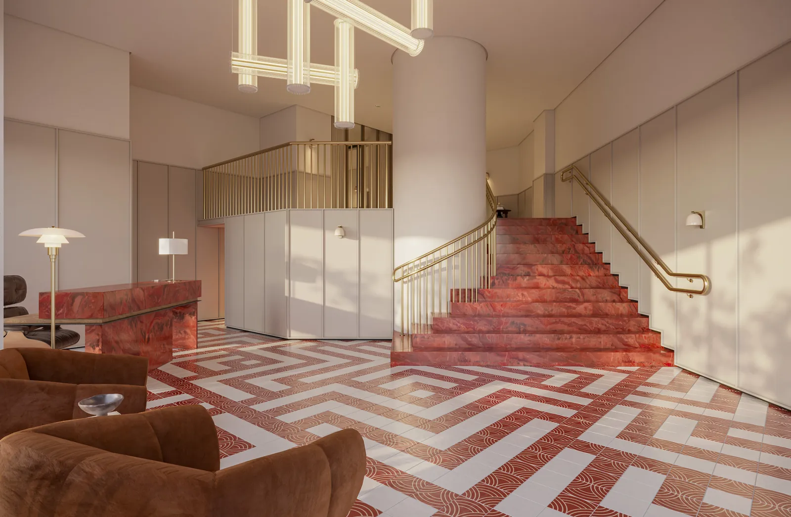 Lobby com escada de piso vermelho e branco em desenho geométrico