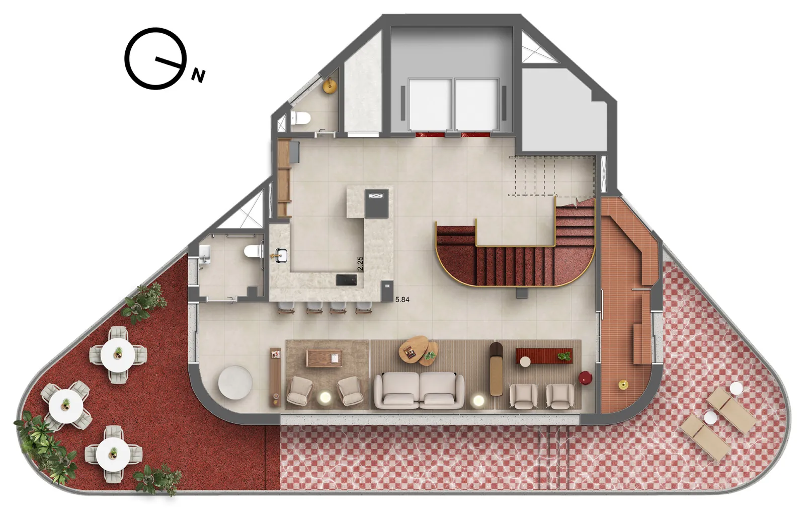 Planta humanizada do rooftop com piscina, prainha, bar, sauna e mini mercado