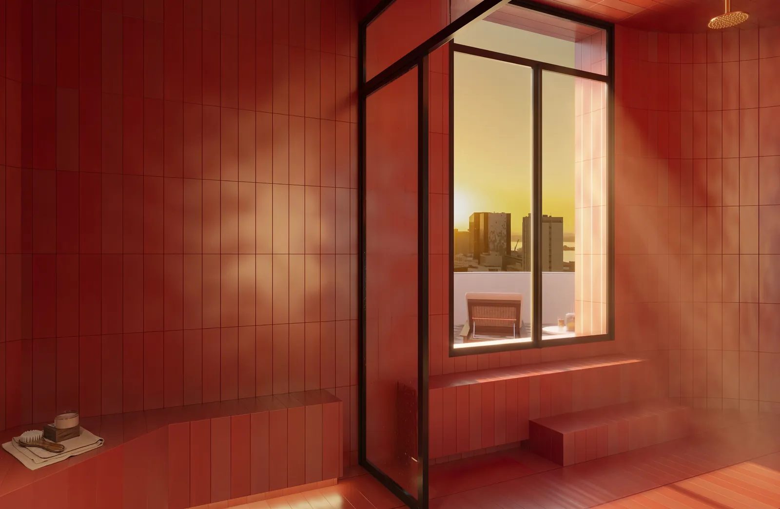 Sauna revestida de vermelho com janela de vidro