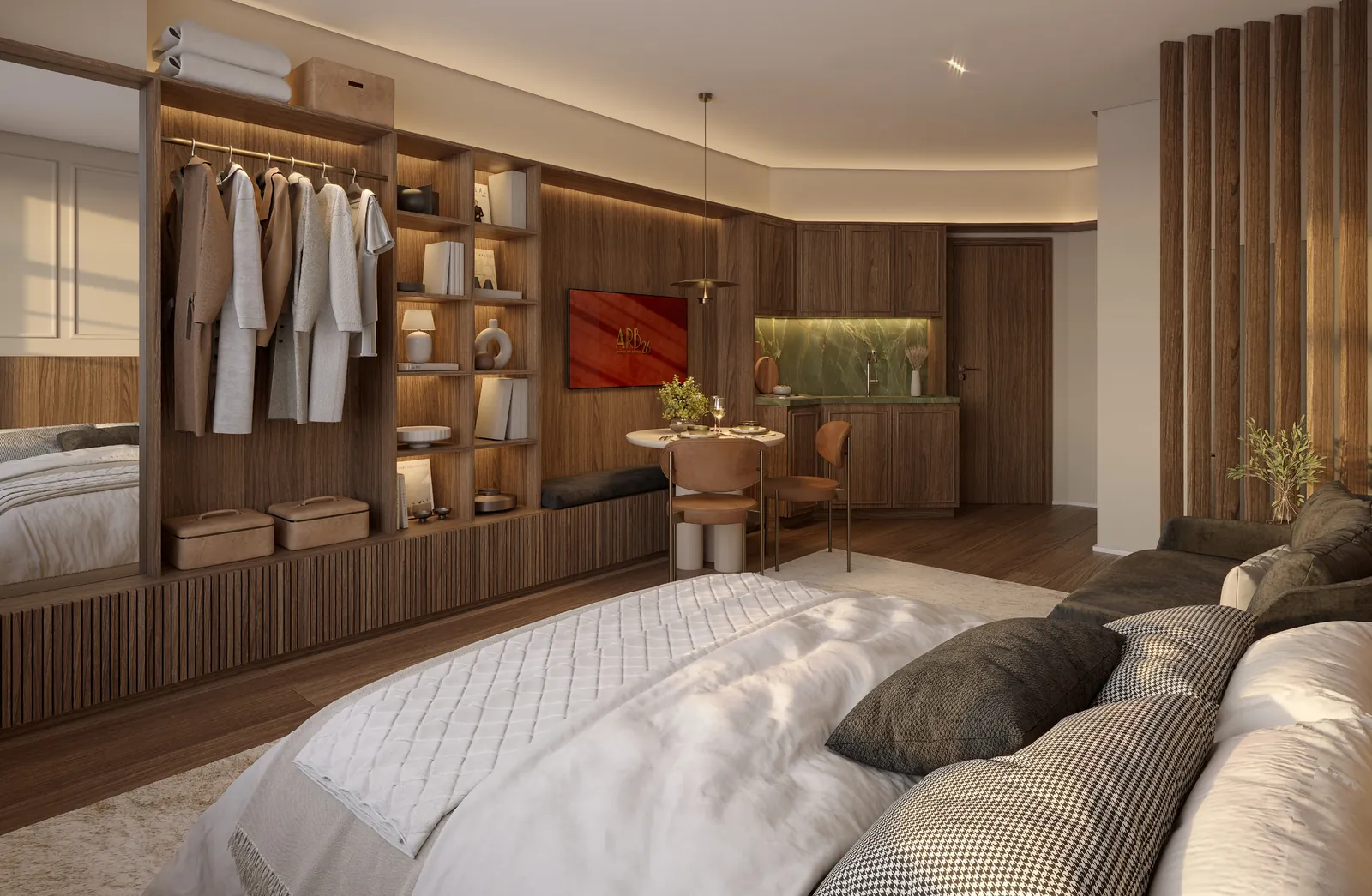 Cama de casal com armário aberto de madeira e um quadro vermelho