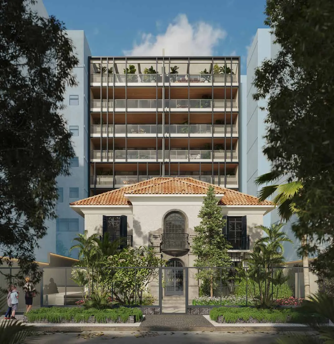 A casa dos anos 30 preservada na frente e o prédio novo do Arc Ipanema atrás