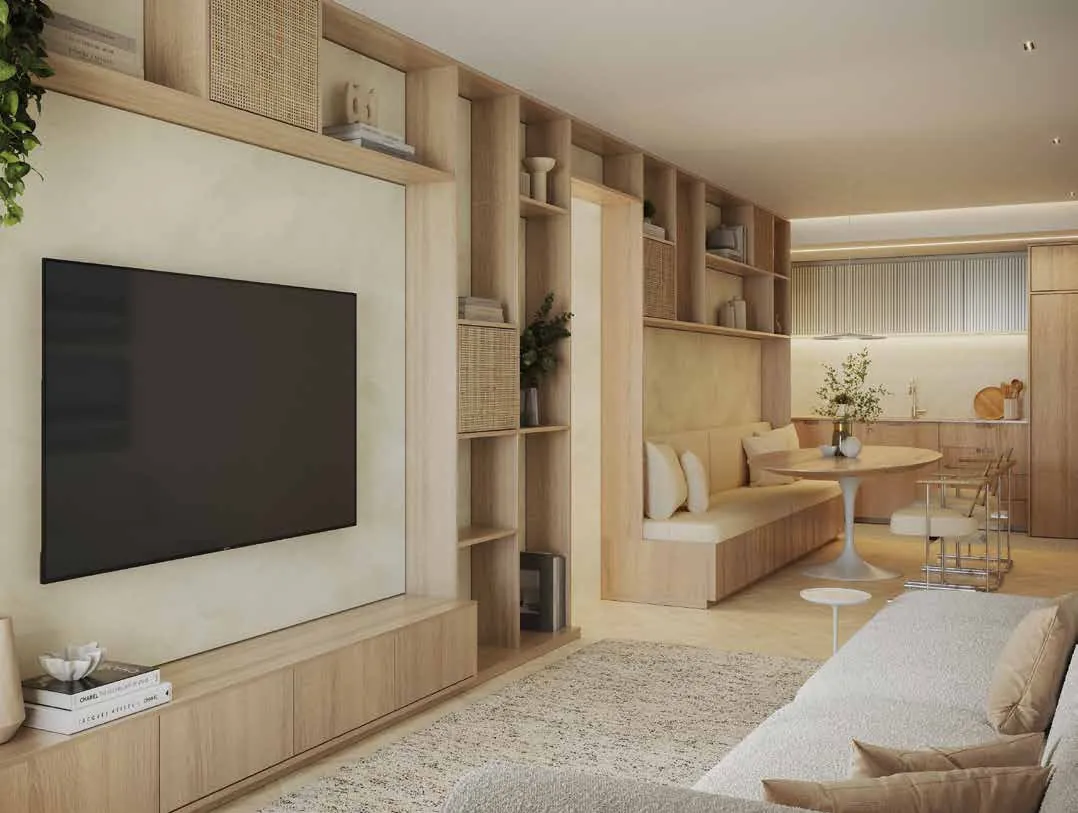 A sala de um apartamento Arc Max, com estante de madeira e TV