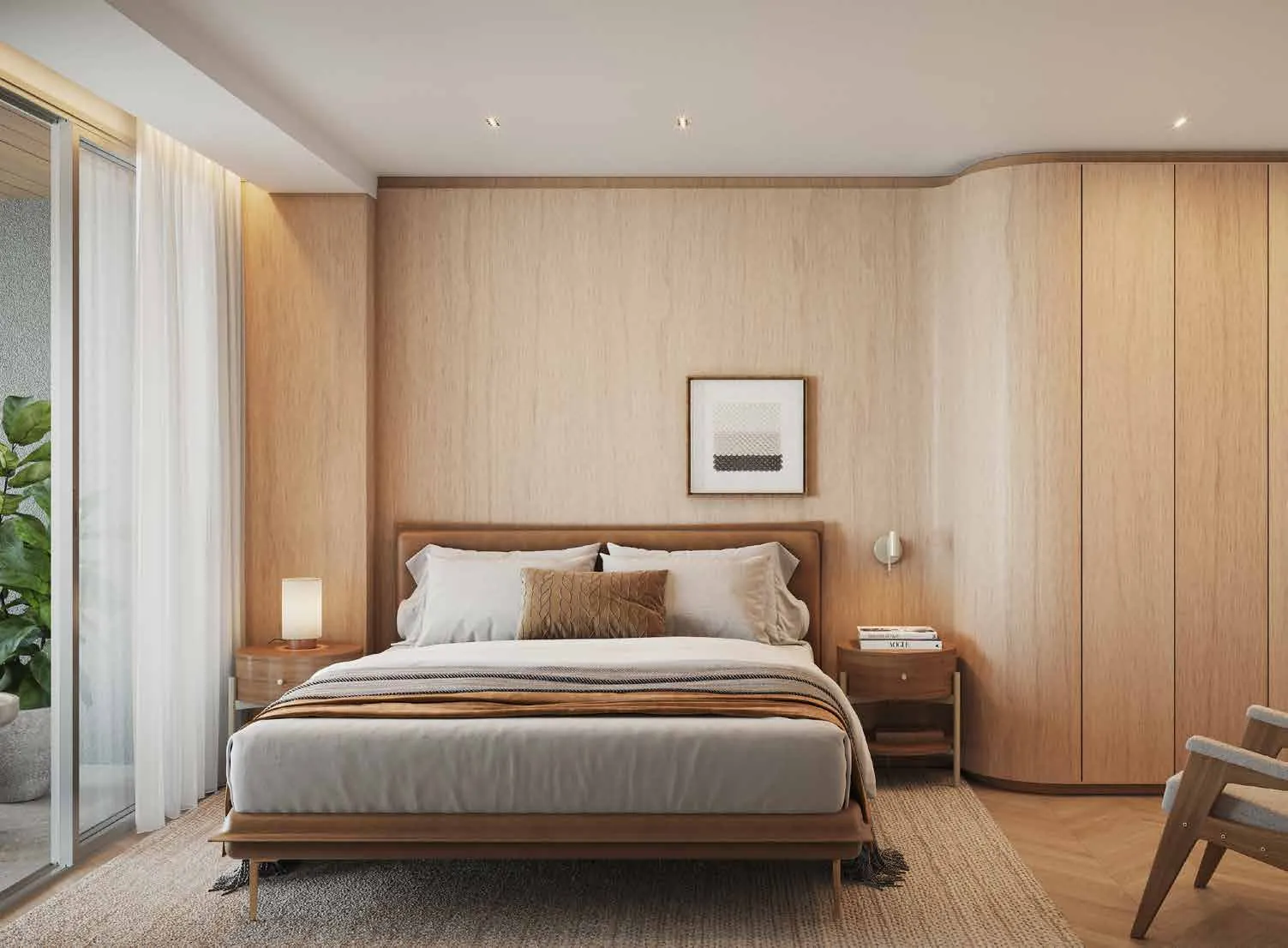 A suíte de um apartamento Arc Max, com cama de casal e madeira clara