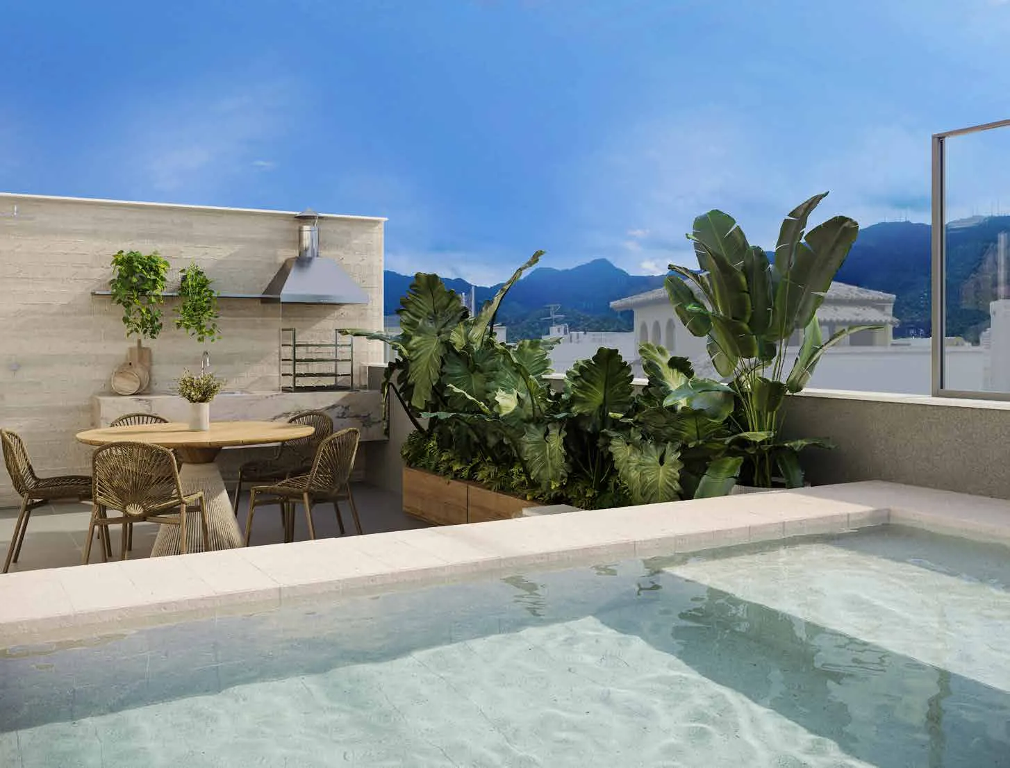 O terraço da cobertura 803 do Arc Ipanema, com piscina e plantas