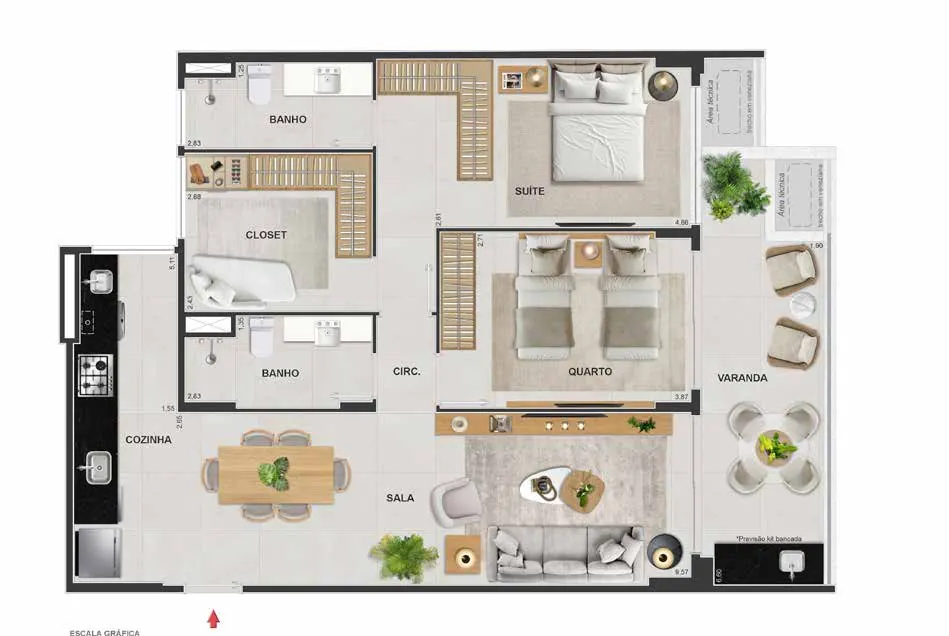 Planta humanizada: arc max de 2 quartos, 94 m² do Arc