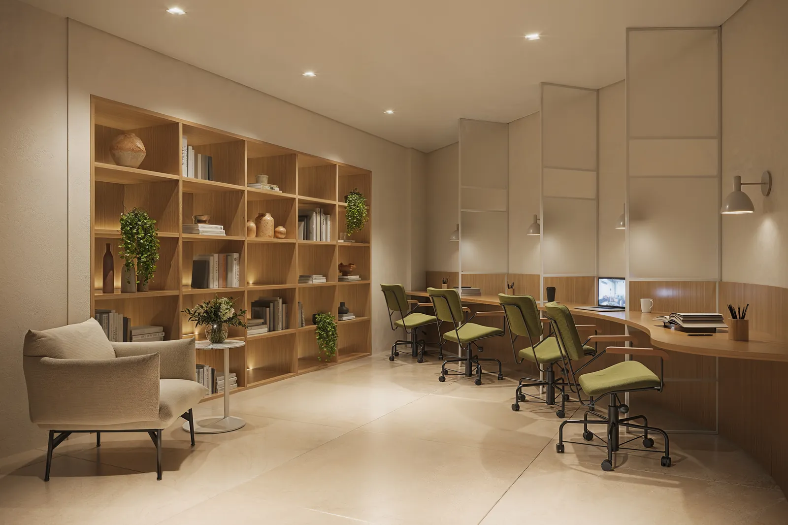 Coworking com estantes de madeira, mesas e poltronas