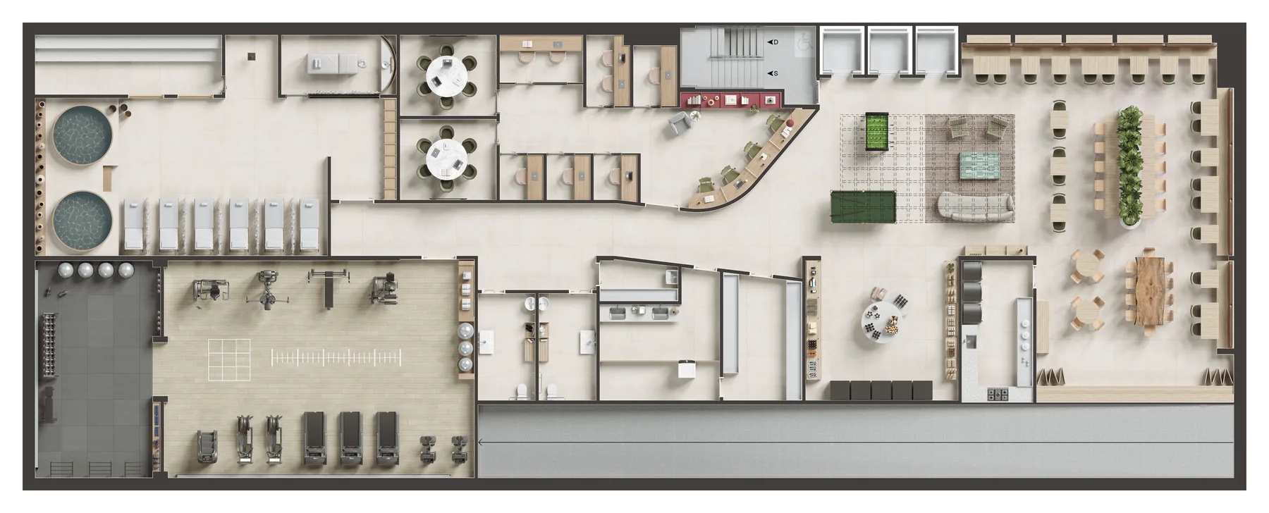 Planta humanizada: Subsolo: spa, fitness, coworking, Restobar, minimarket e lavanderia