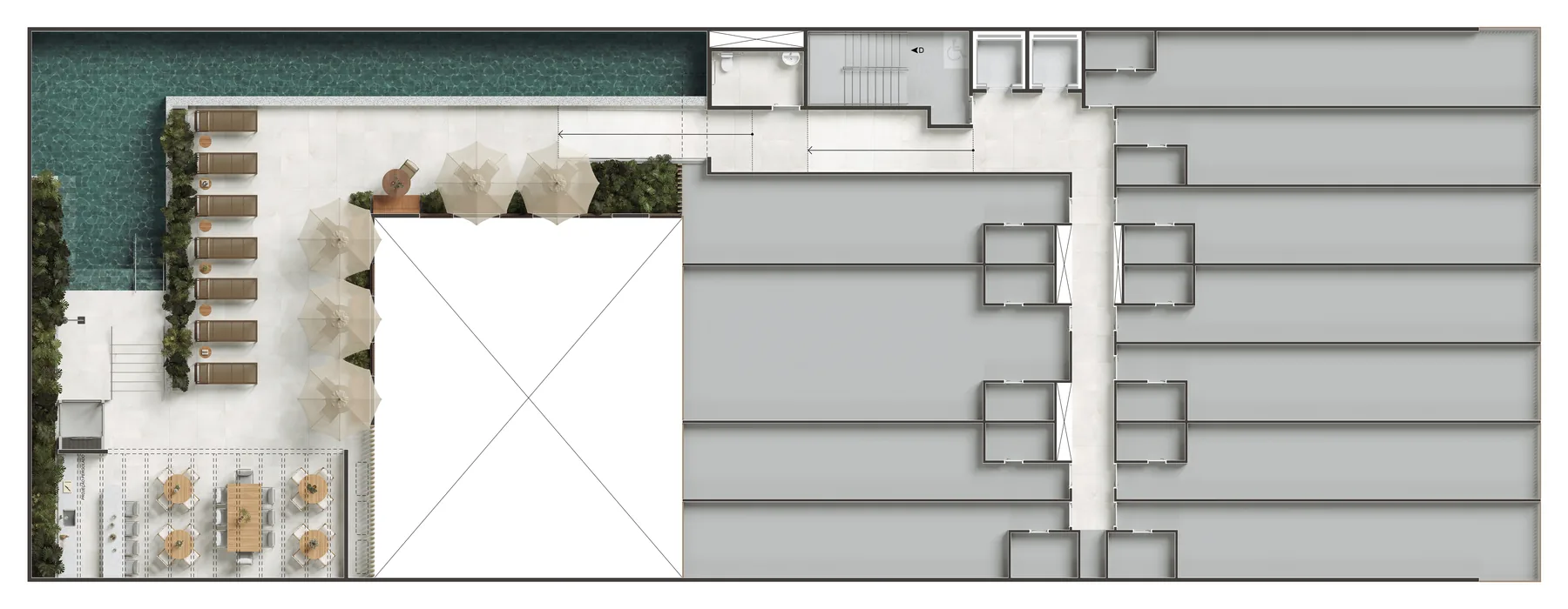 Planta humanizada: Pavimento de lazer: piscina com raia de 21 m, bar e solarium
