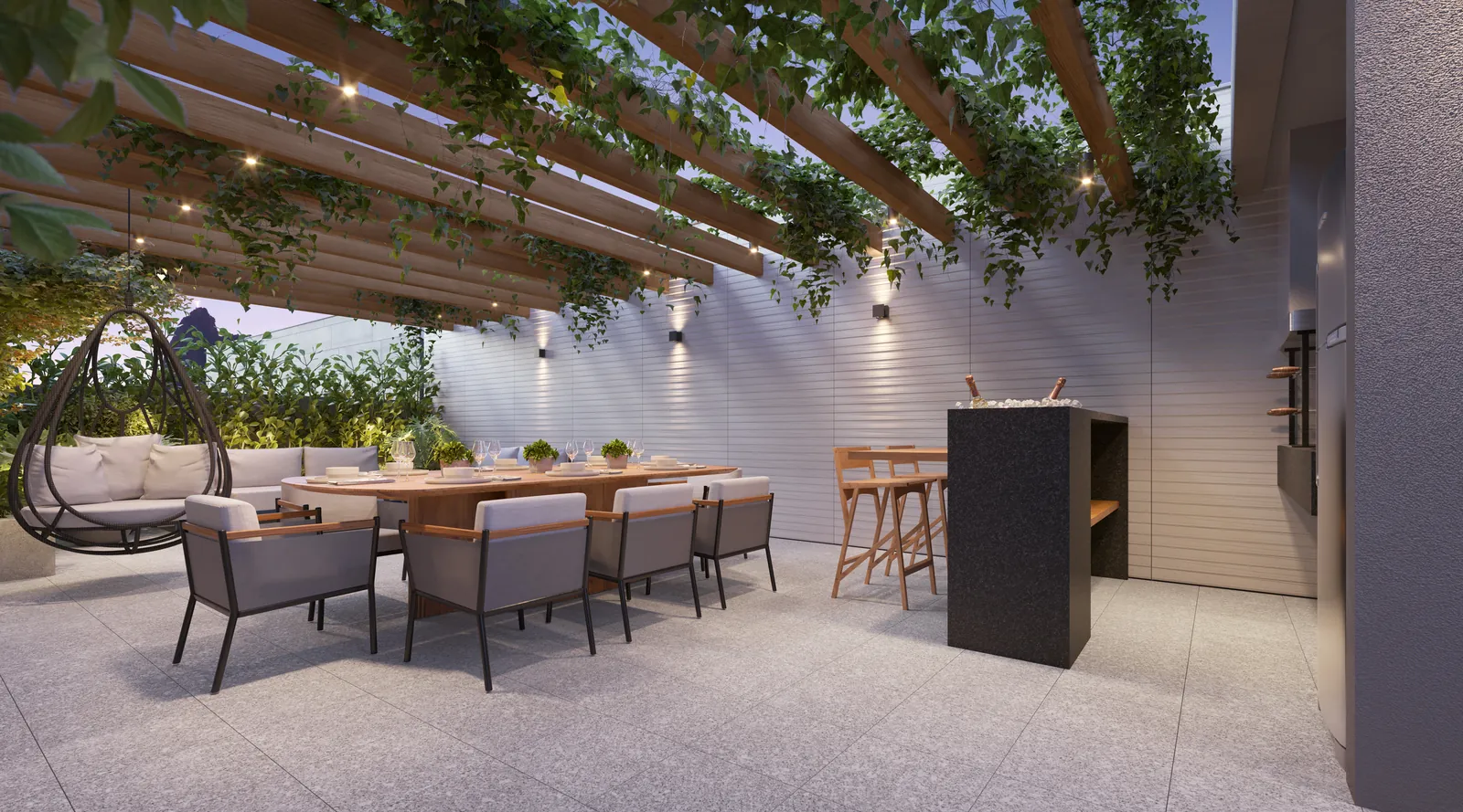 A churrasqueira do Arq sob pergolado com plantas, mesa longa e bancada