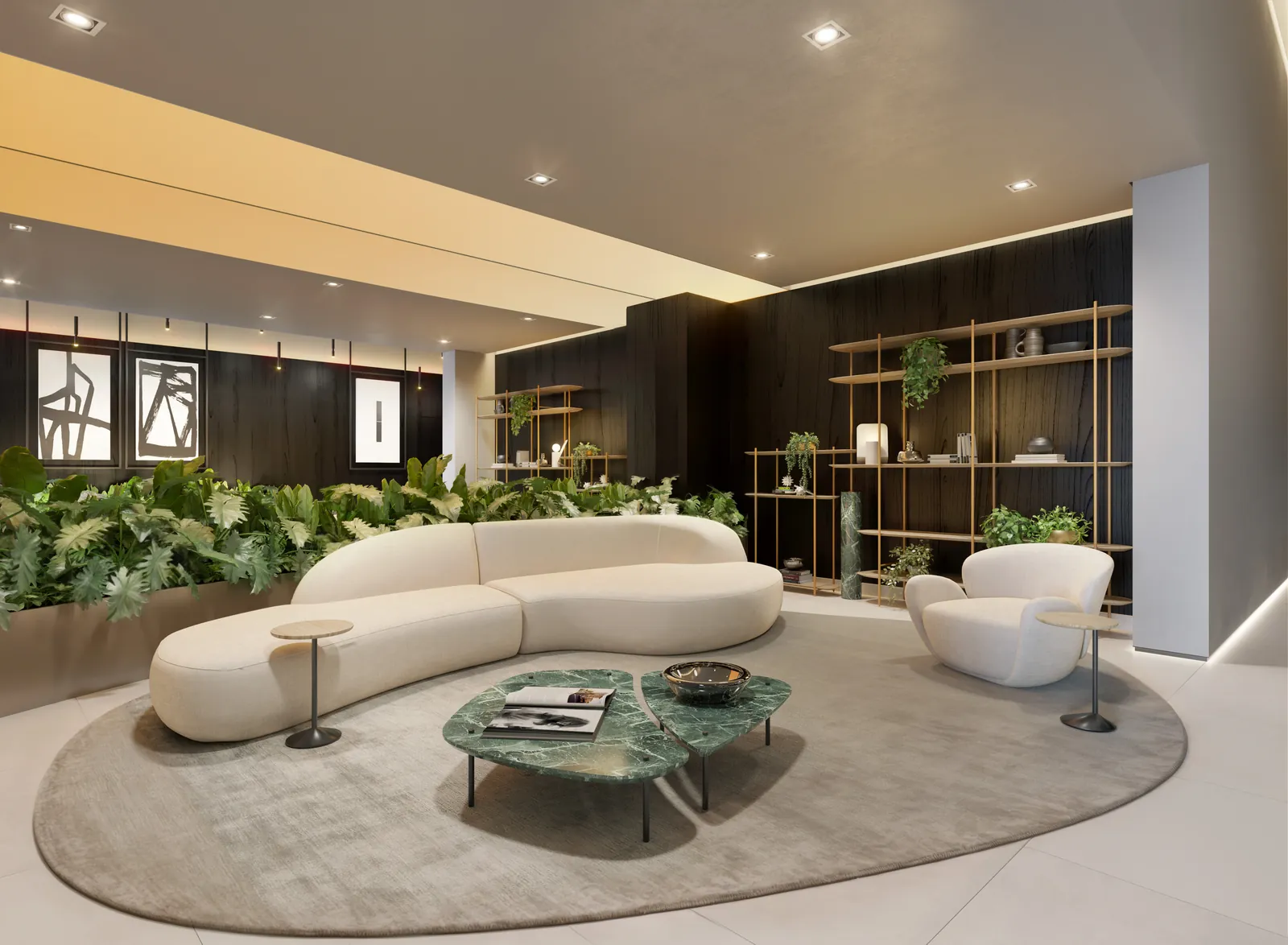 O lobby do Arq, com sofá curvo, mesa de pedra verde e estante