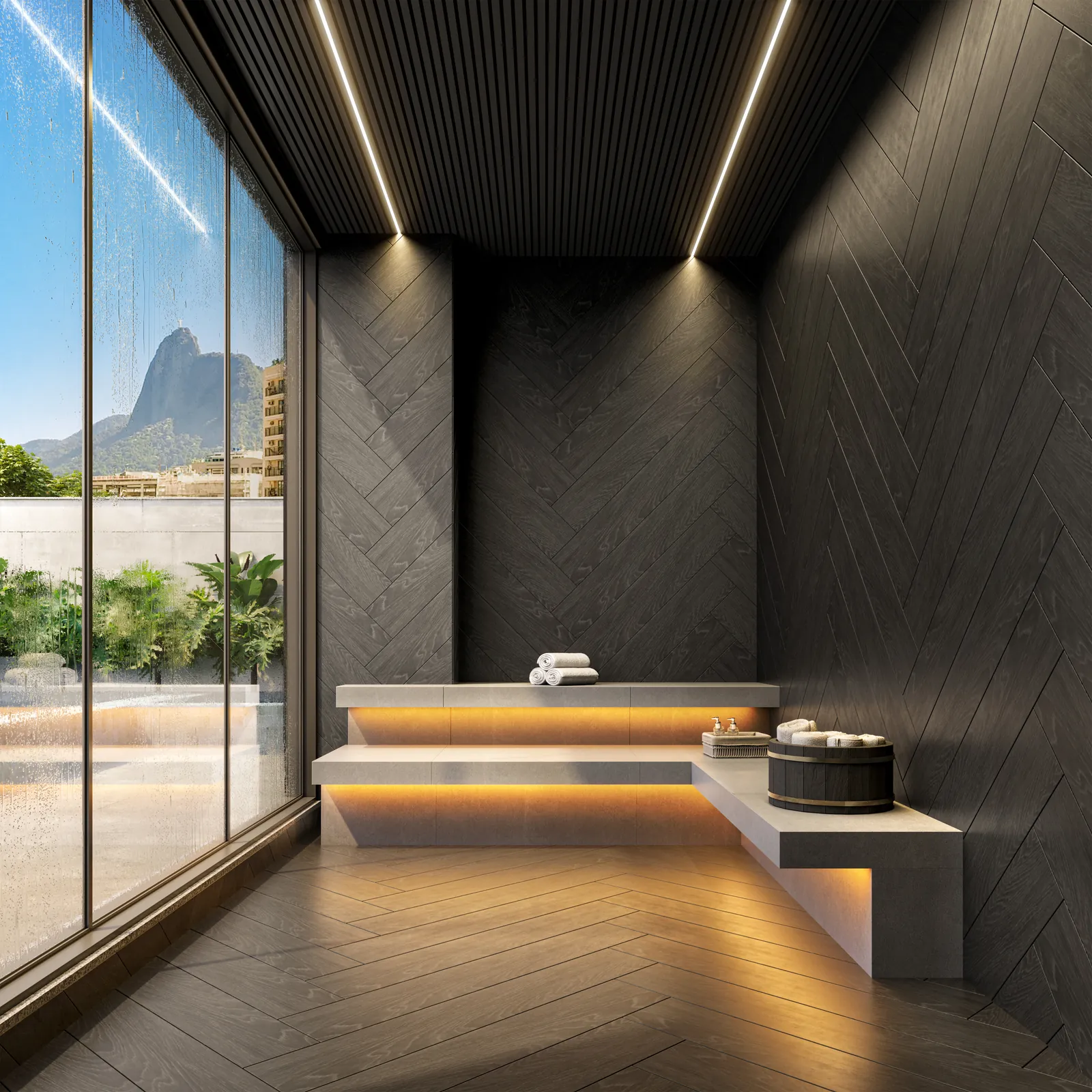 A sauna do Arq, com janela de vidro e o morro ao fundo