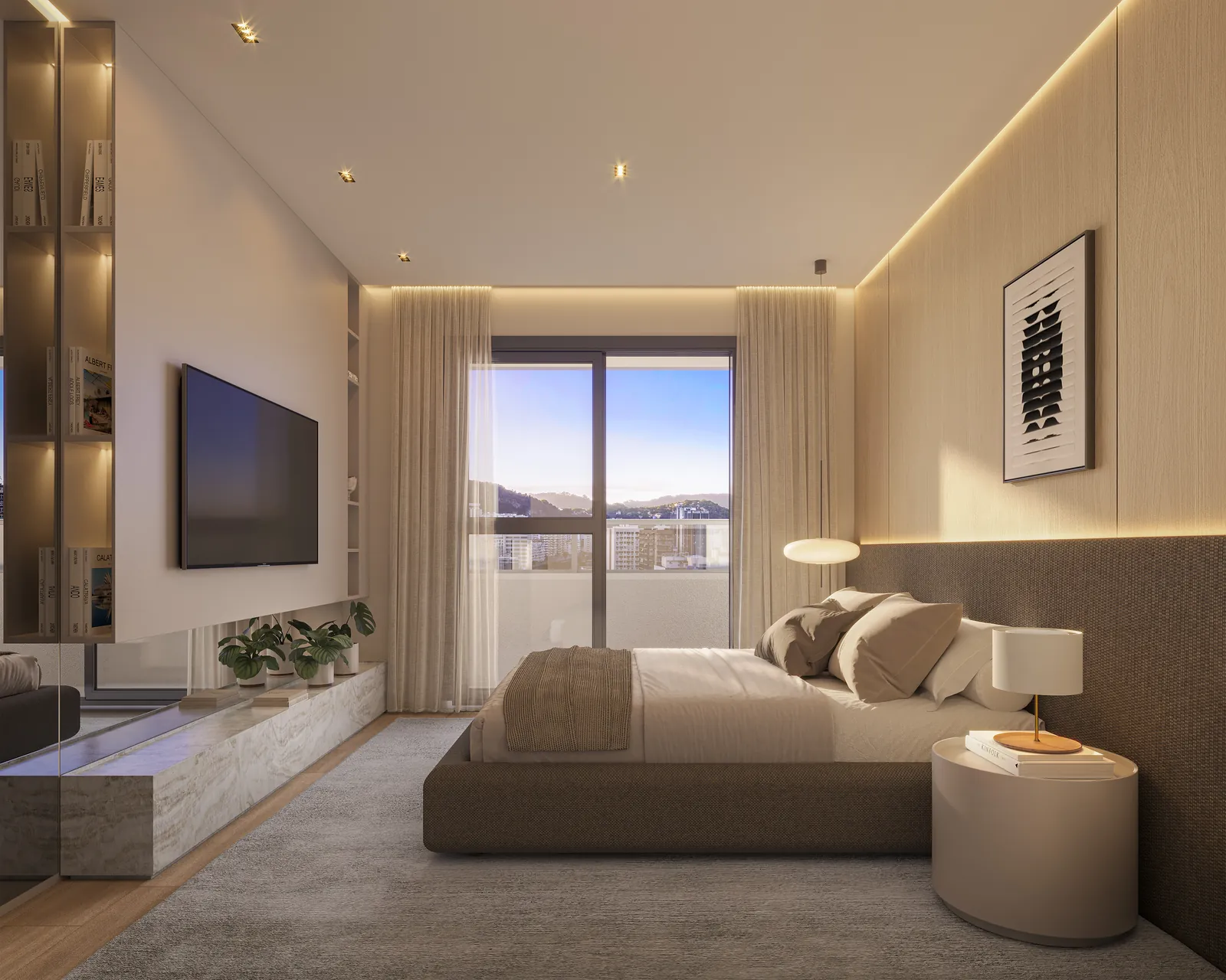 A suíte master de um apartamento de 4 suítes, com cama, poltrona e janela