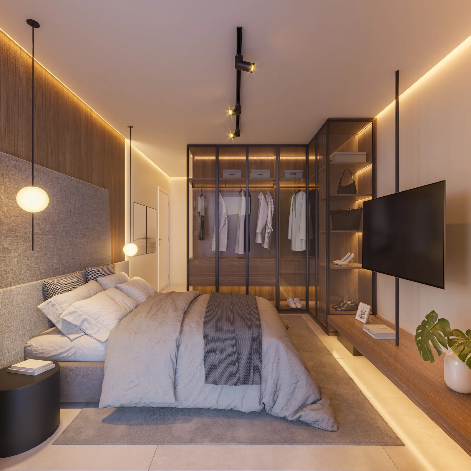 A suíte master de um apartamento de 3 suítes, com closet iluminado