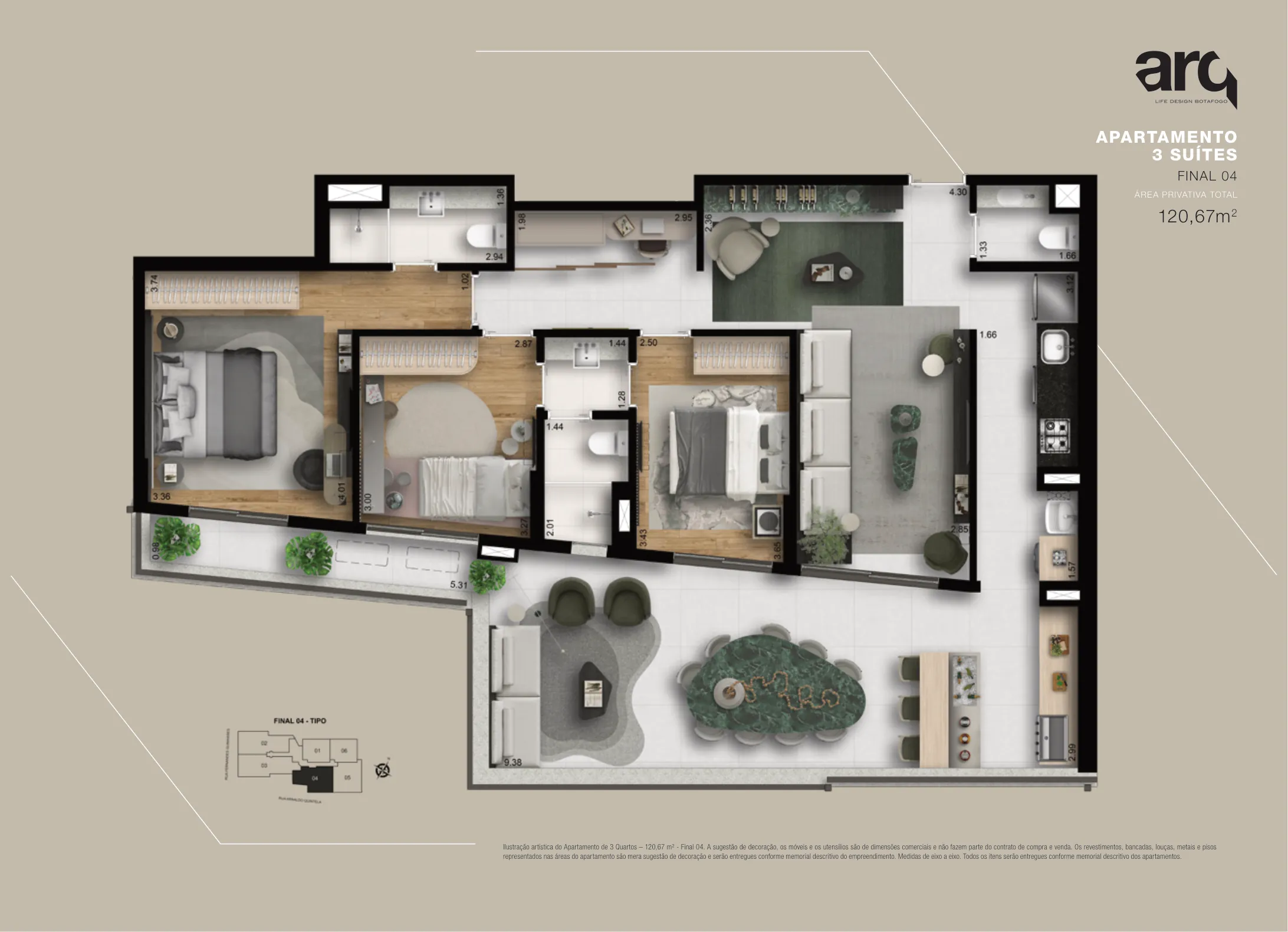 Planta humanizada: 3 suítes de 121 m² do Arq