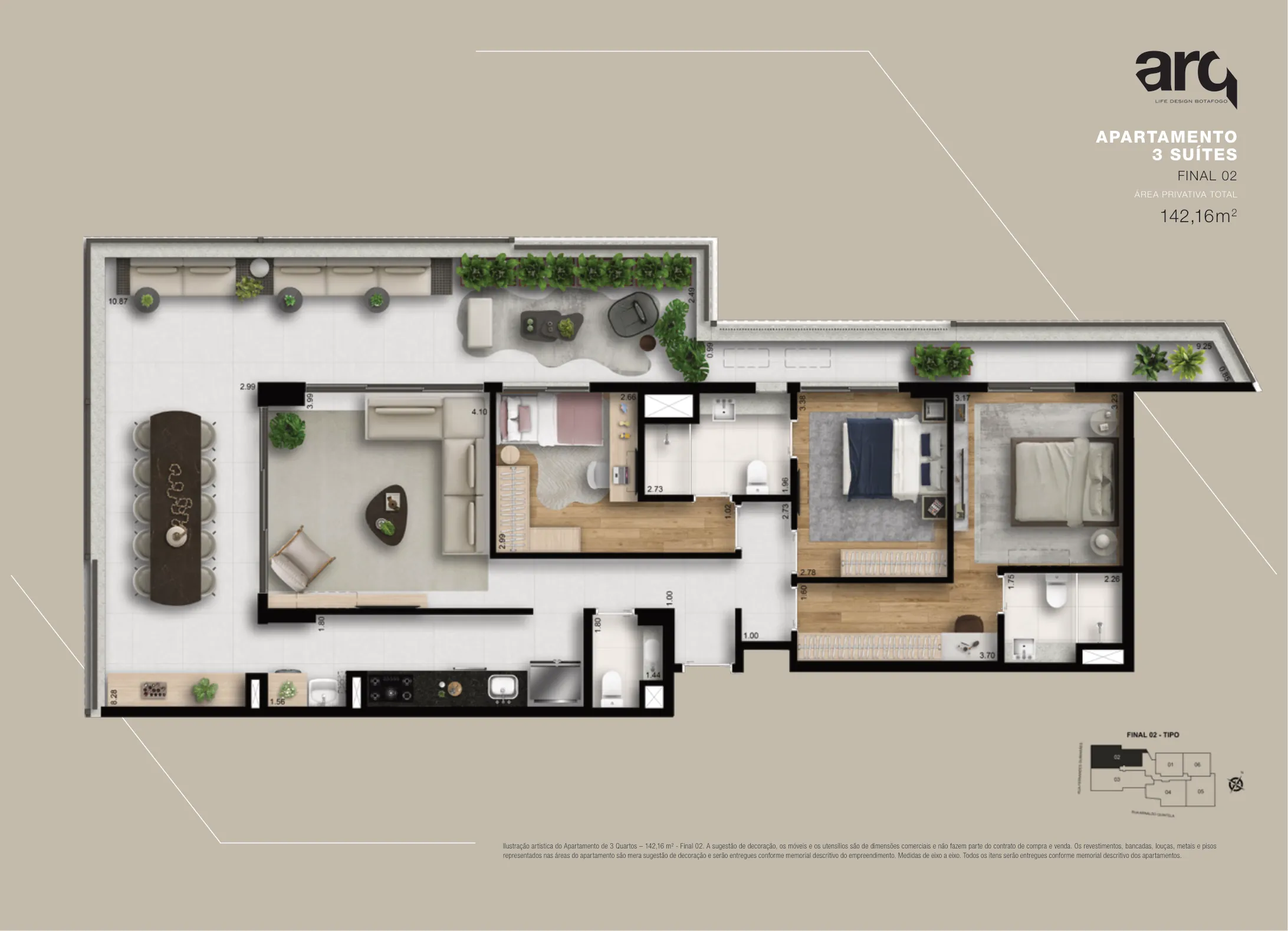 Planta humanizada: 3 suítes de 142 m² do Arq