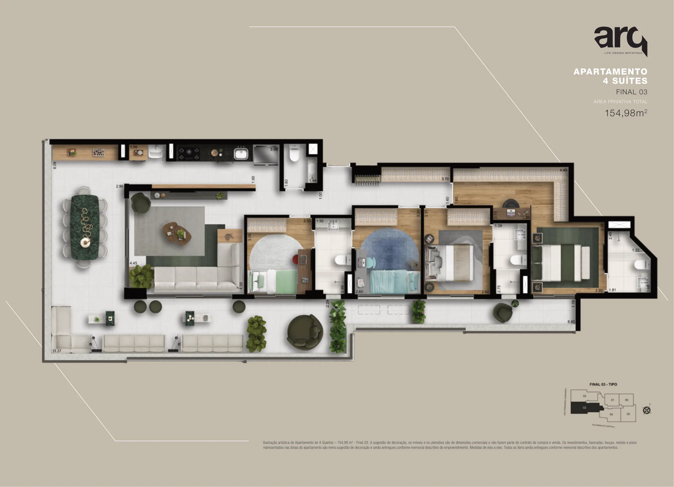 Planta humanizada: 4 suítes de 155 m² do Arq