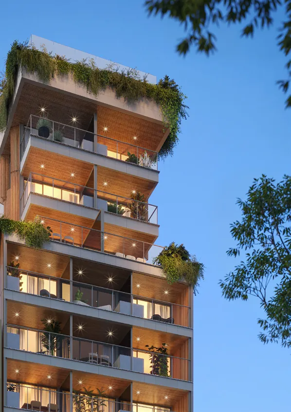 O Arti Leblon visto de baixo, com os terraços escalonados