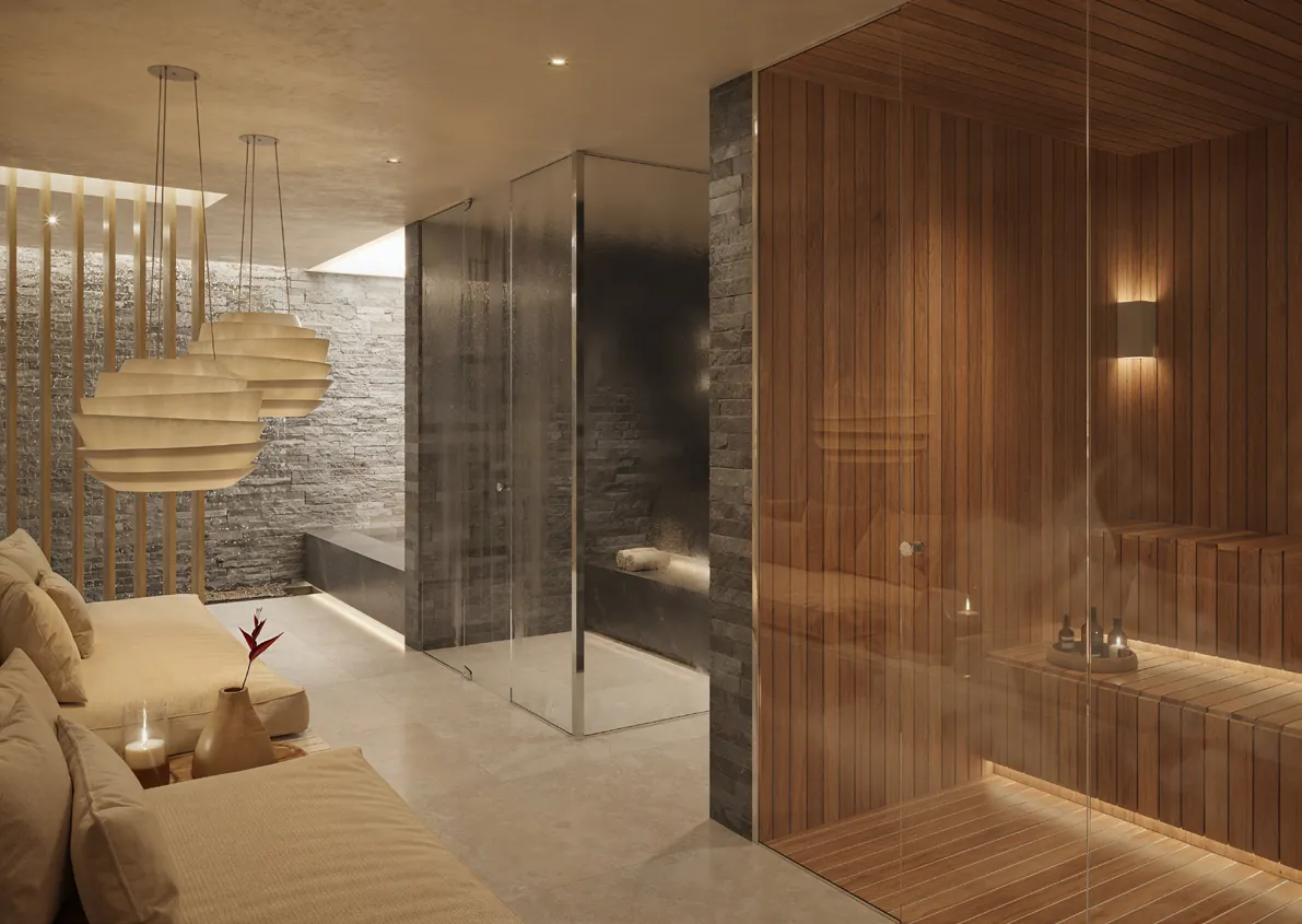 O lounge de relaxamento e as saunas do Arti Leblon