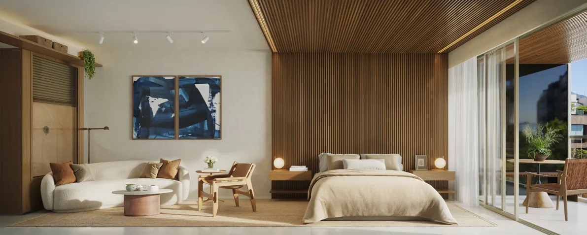 O studio 801 do Arti Leblon, com cama, painel de madeira e varanda