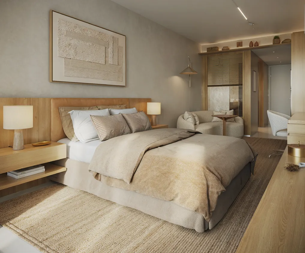 Um studio do Arti Leblon com cama de casal e revestimento de madeira