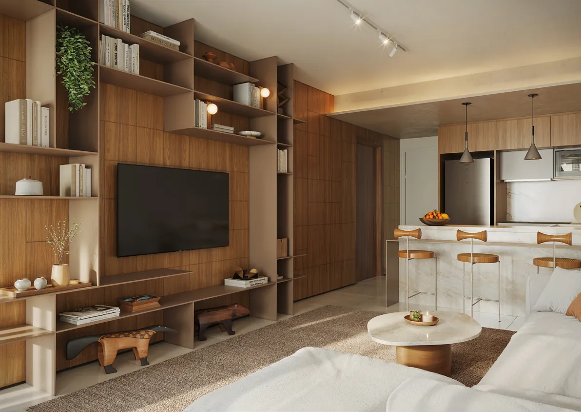 A sala de uma cobertura linear do Arti Leblon, com estante de madeira e cozinha
