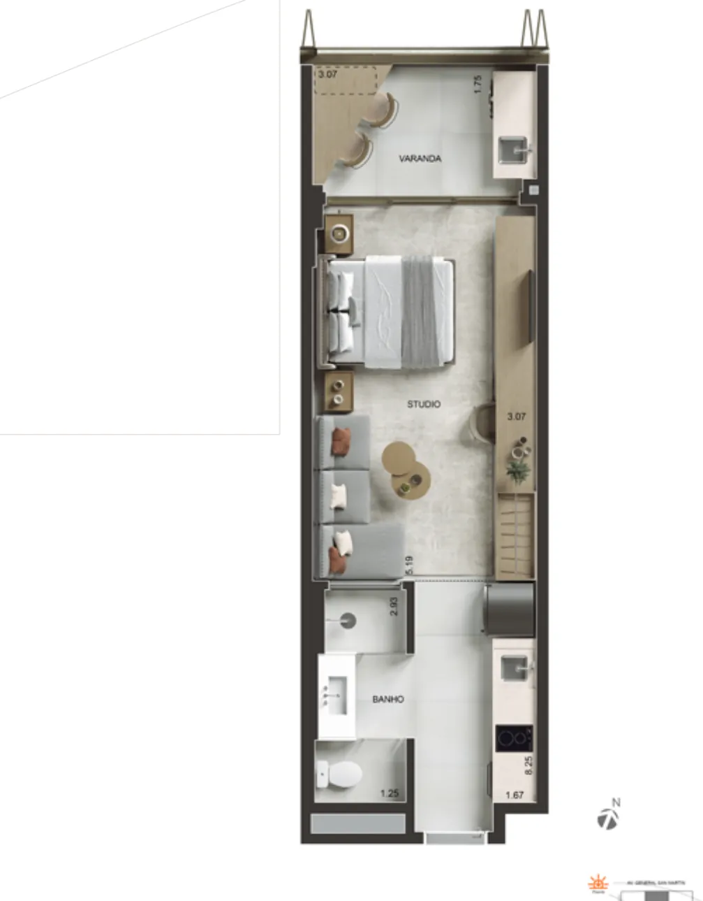 Planta humanizada: studio de 36 m² do Arti