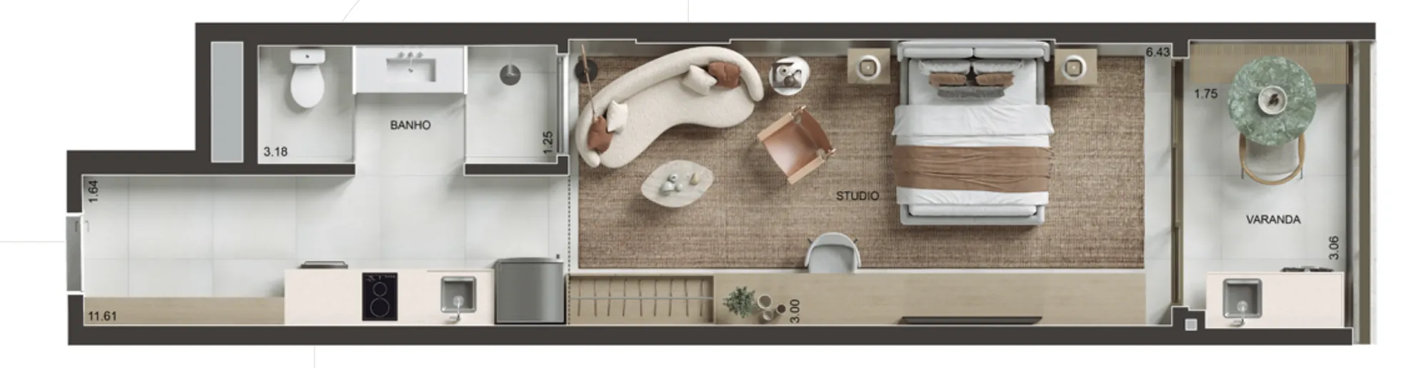 Planta humanizada: studios de 43 m² do Arti