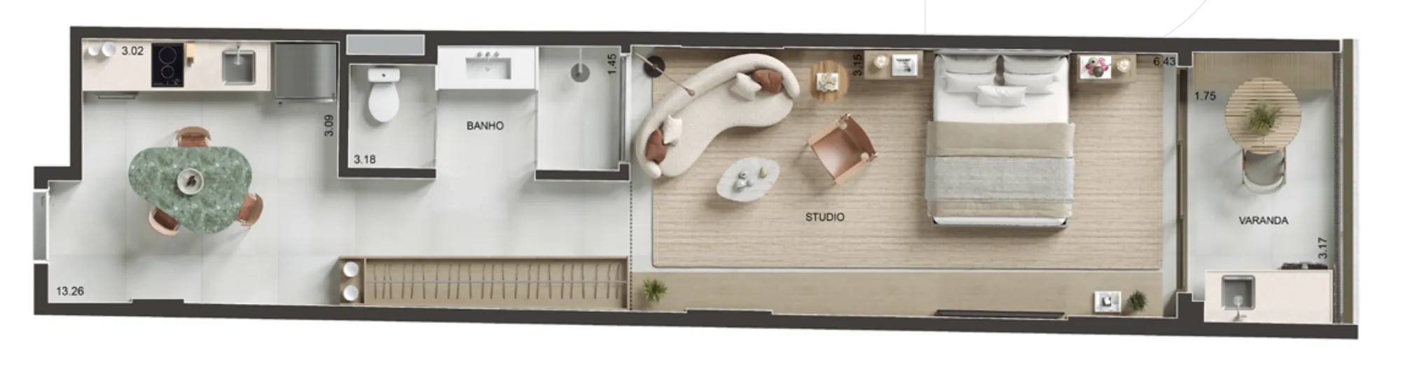 Planta humanizada: studios de 51 e 52 m² do Arti
