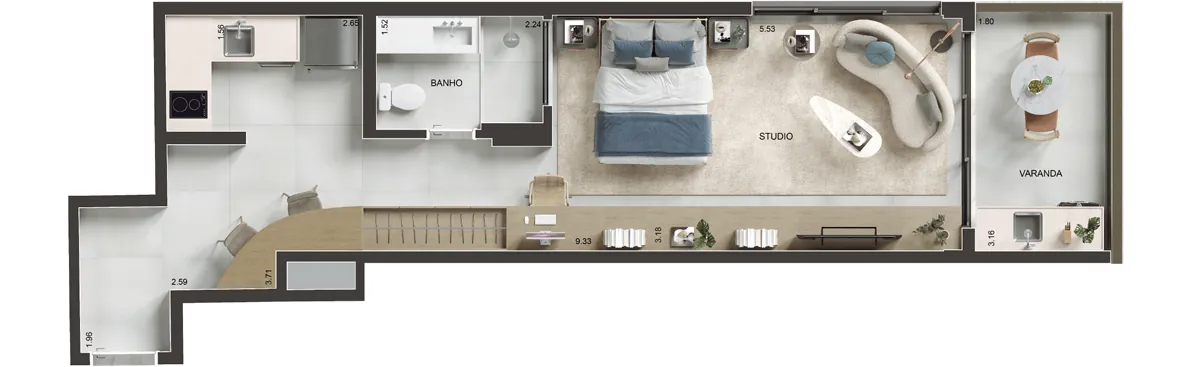 Planta humanizada: studios no alto, de 47 e 50 m² do Arti