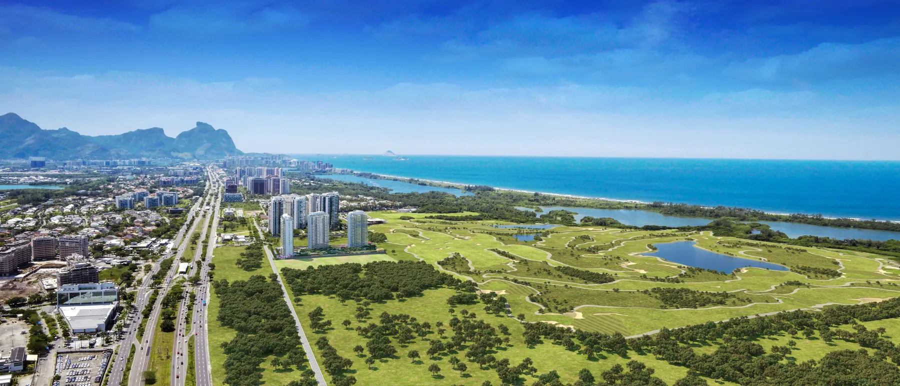 Vista aérea ilustrada do Atlântico Golf entre o campo de golfe, a lagoa e o mar