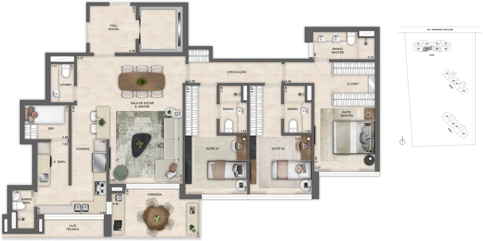 Planta: 3 suítes · Atlântico 1.000, 132,20 m²