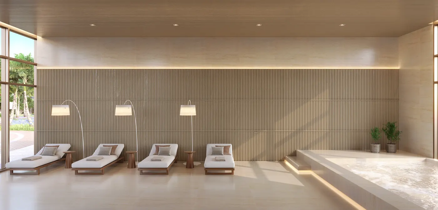 Spa com espreguiçadeiras e iluminação indireta