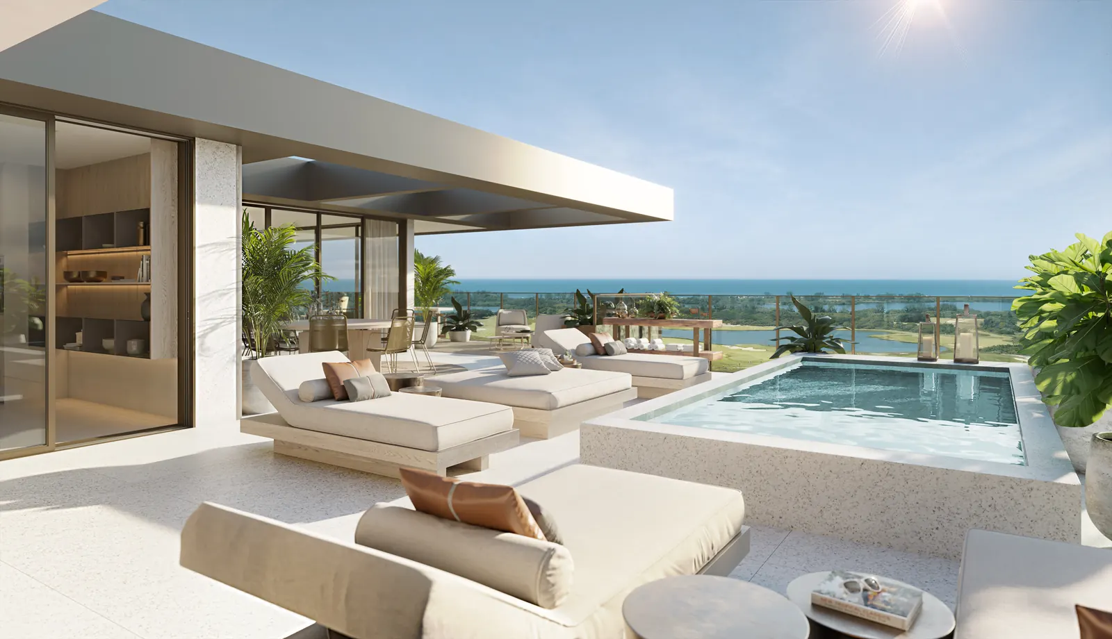 Perspectiva do terraço de uma cobertura linear, com piscina e vista para o mar