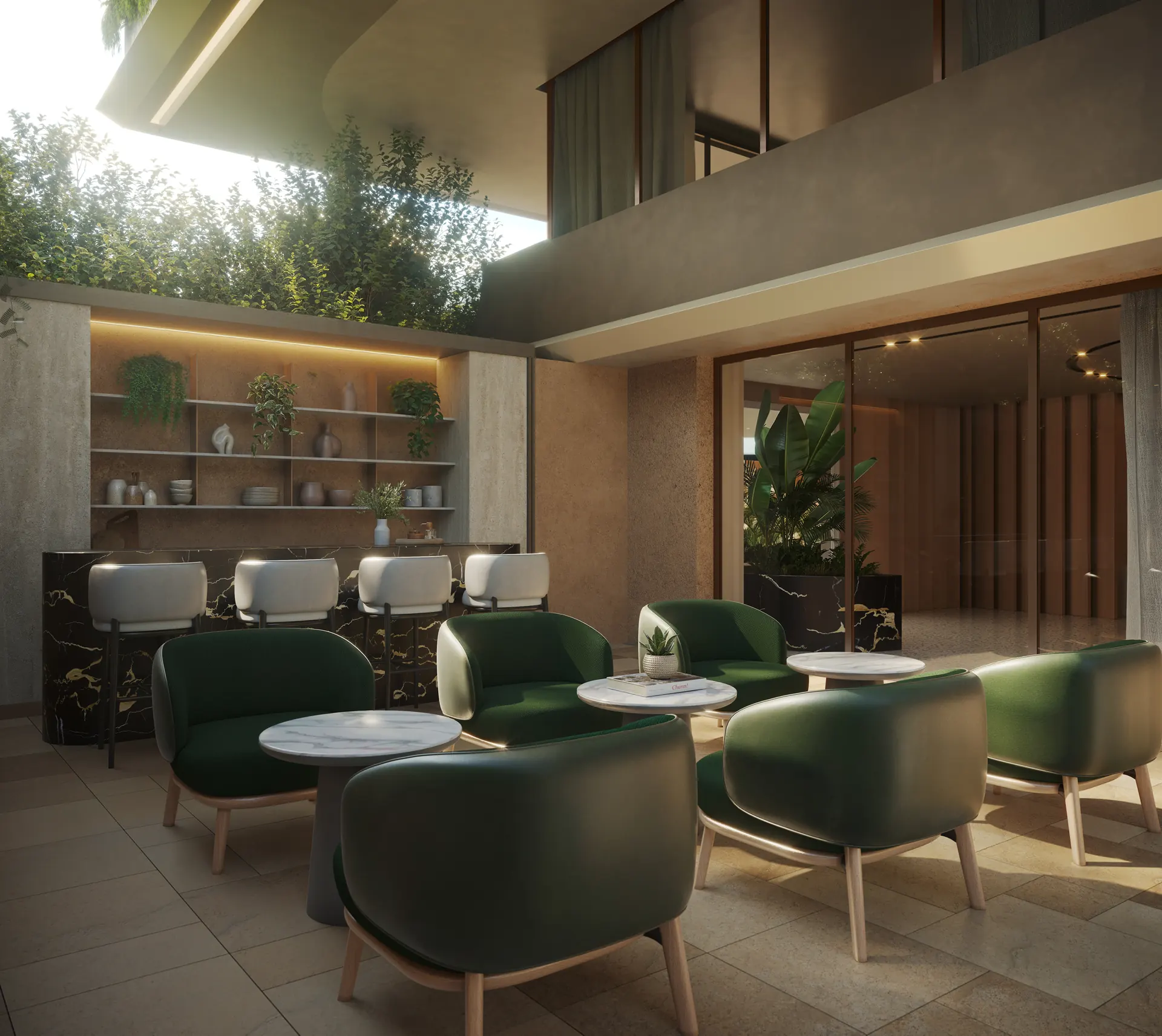 Bar da piscina do Atto com poltronas verdes e estantes