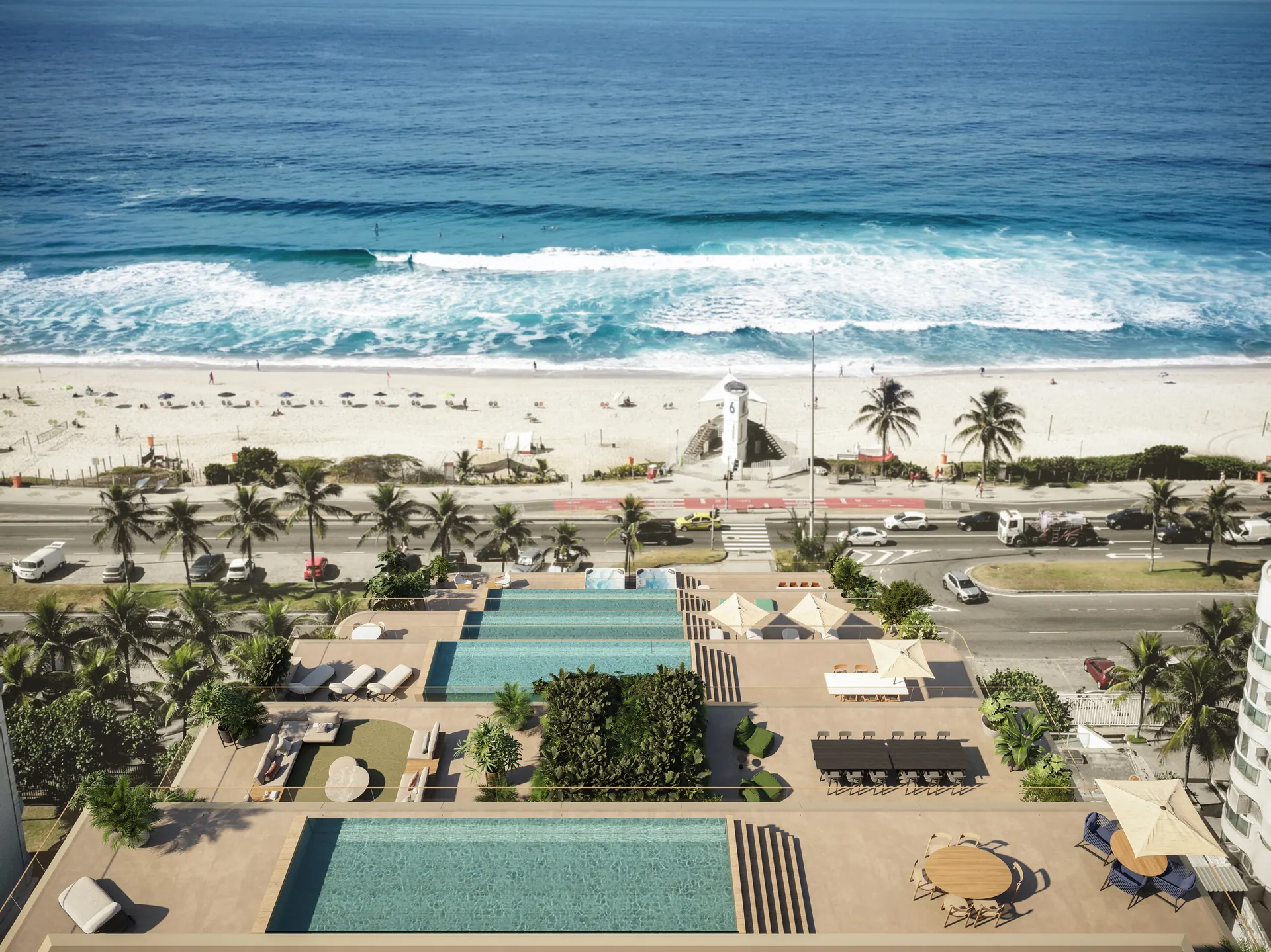 Vista aérea do Atto com a piscina, a Avenida Lúcio Costa e a praia da Barra